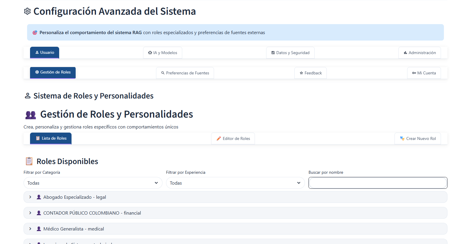 Panel avanzado de configuración de roles con opciones de edición, creación y personalización